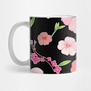 Pink Hibiscus and Sakura Black Background Mug